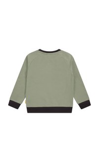 Felpa verde con colletto rotondo nero e polsini neri. Presenta maniche raglan e un orlo che mette in evidenza una consistenza morbida.