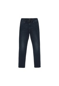 Jeans en denim bleu foncé avec une coupe droite, comprenant cinq poches, passants de ceinture, et une fermeture zippée avec bouton.
