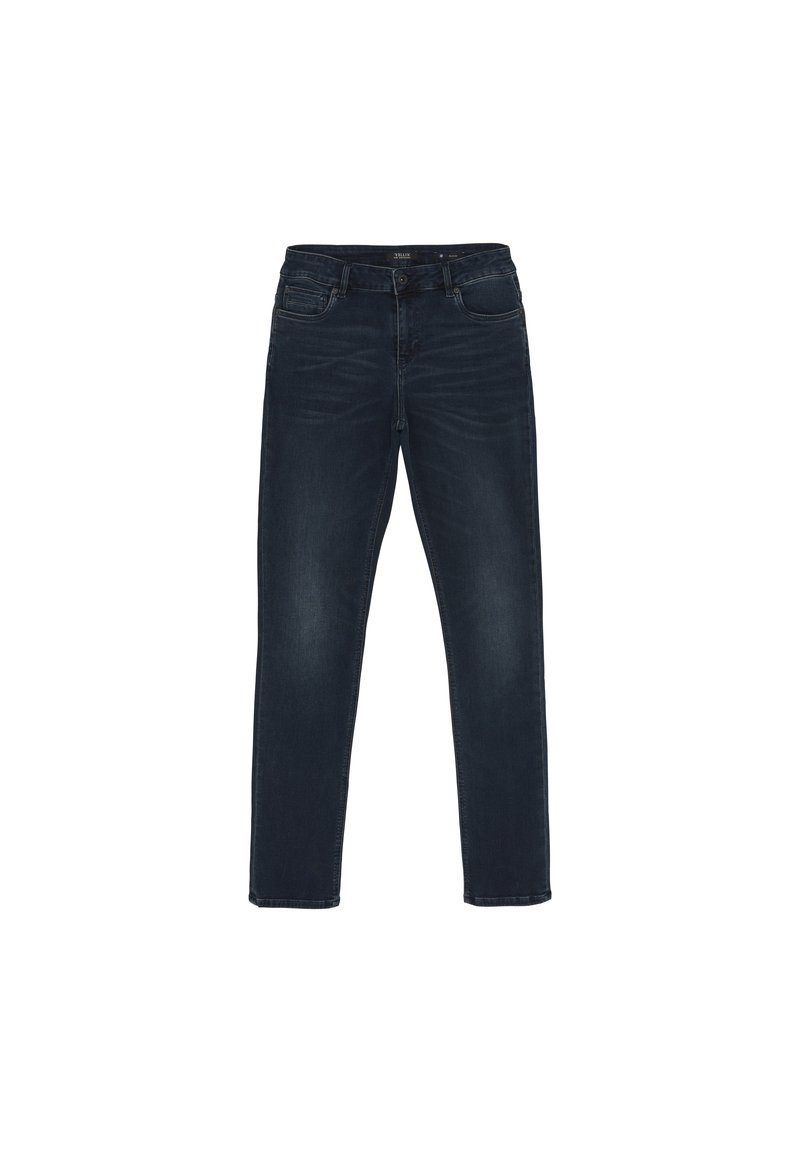 Jeans en denim bleu foncé avec une coupe droite, comprenant cinq poches, passants de ceinture, et une fermeture zippée avec bouton.