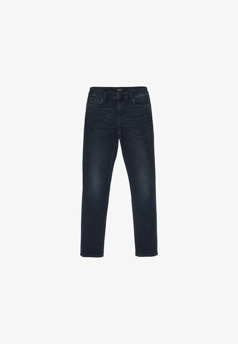 Jeans en denim bleu foncé avec une coupe droite, comprenant cinq poches, passants de ceinture, et une fermeture zippée avec bouton.