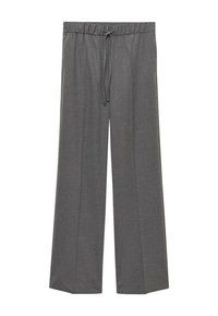 Pantalons larges gris en tissu doux, dotés d'une taille élastique avec cordon de serrage pour un ajustement ajustable. Texture lisse et design simple.