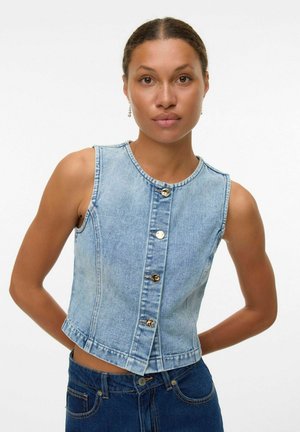 Denim vest in light blue, featuring a round neckline, five metallic buttons, and a cropped design with a slightly frayed hem.