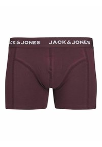 Boxers pour hommes en coton stretch bordeaux avec une ceinture élastique blanche portant le logo "JACK & JONES". Détails de couture sur les côtés et à l'avant.