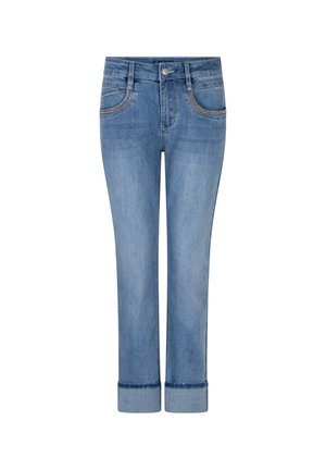 Lyseblå denimjeans med opbukket kant, forlommer og baglommer samt knap og lynlås foran.