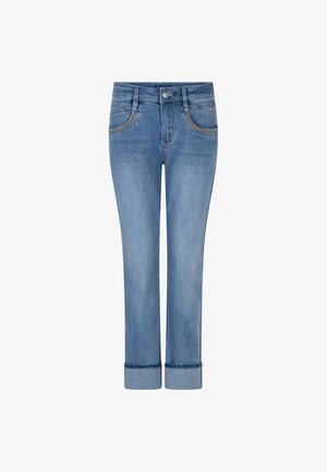 Lyseblå denimjeans med opbukket kant, forlommer og baglommer samt knap og lynlås foran.