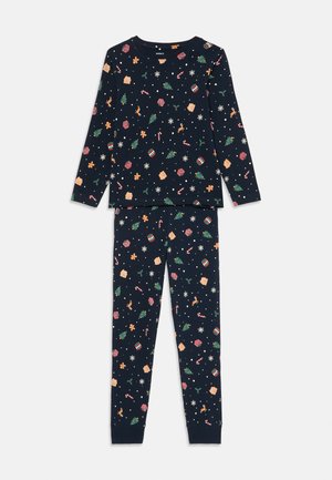 Navy-Pyjama-Set mit langen Ärmeln und Hosen, verziert mit bunten Feiertagsmustern, darunter Bäume, Geschenke und Zuckerstangen.