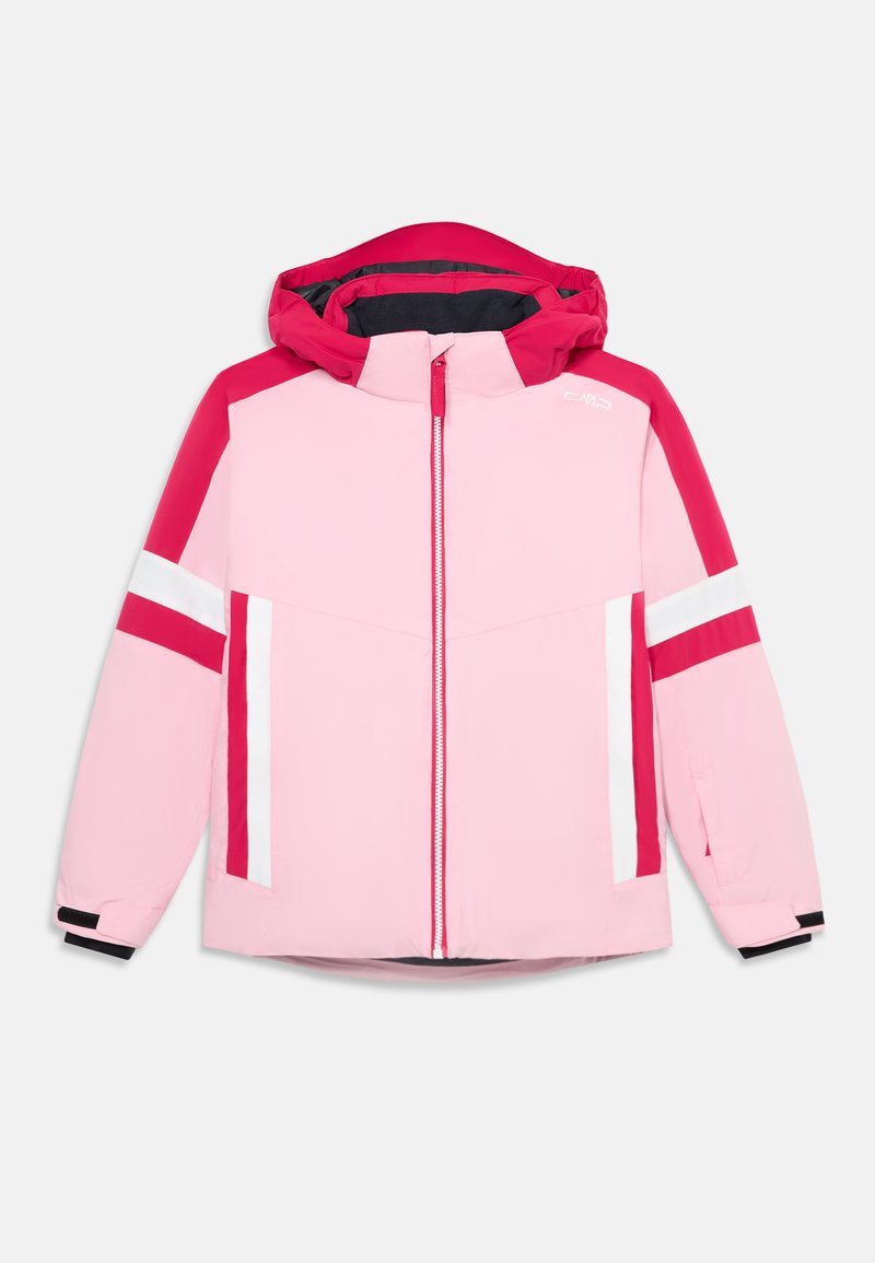 Casaco de inverno infantil em rosa claro com capuz e ombros em rosa escuro, riscas brancas e rosas escuras nas mangas e bolsos, fecho frontal com zíper.