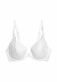 Witte gevoerde bh met kanten trim, stippenstructuur, verstelbare bandjes en een decoratieve strik in het midden. Ontworpen voor comfort en ondersteuning.