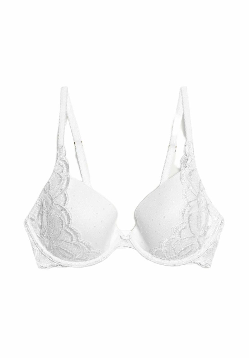 Witte gevoerde bh met kanten trim, stippenstructuur, verstelbare bandjes en een decoratieve strik in het midden. Ontworpen voor comfort en ondersteuning.
