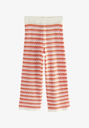 Dzianinowe spodnie dla maluchów o fakturze prążkowanej, z poziomymi paskami w kolorze białym, pomarańczowym i różowym oraz elastyczną talią.