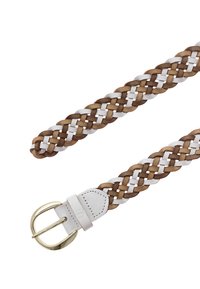 Geflochtener Gürtel aus braunem und weißem Leder mit einer goldfarbenen Metallschnalle. Verfügt über ein geflochtenes Design und eine glatte Textur mit kontrastierenden Farbabschnitten.