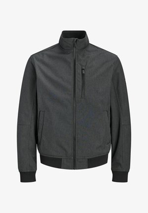 Dunkelgraue Jacke mit Reißverschluss und hohem Kragen, Brusttasche mit Reißverschluss, zwei Seitentaschen und gerippten Bündchen und Saum.