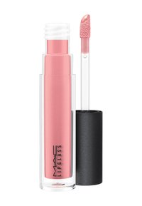 MAC Lipglass i en klar tube som viser en myk rosa væske; inkluderer en klar applikatorstang med en teksturert spiss. Svart hette.