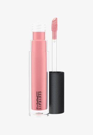 Lipglass MAC w przezroczystej tubce, prezentujący miękki różowy płyn; zawiera przezroczysty aplikator z teksturowaną końcówką. Czarna nakrętka.