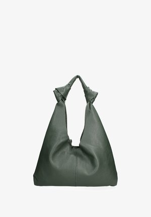 Groene leren tas met een slungelige vorm en accentknopen aan de hendels. Heeft een gestructureerd oppervlak en een brede opening voor gemakkelijke toegang.