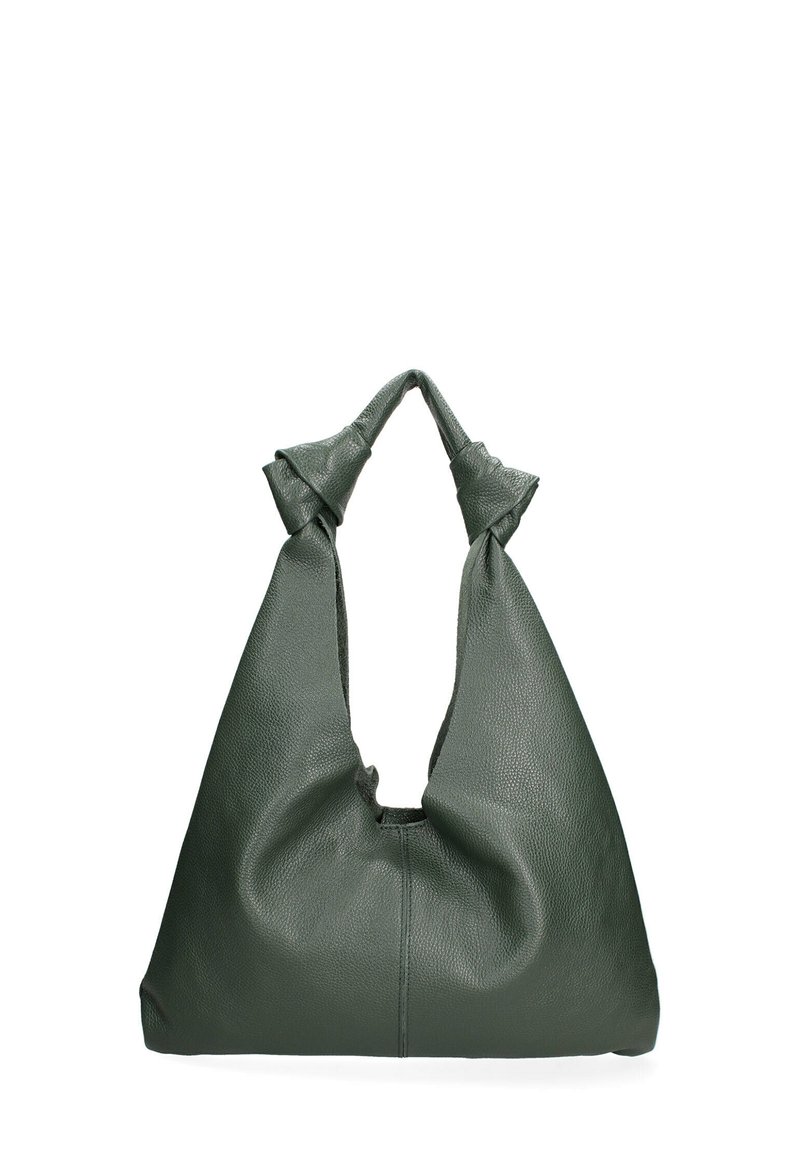 Sac en cuir vert à forme souple avec des accents de poignées nouées. Il présente une surface texturée et une large ouverture pour faciliter l'accès.