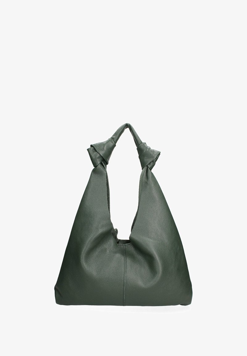 Borsa verde in pelle con una forma morbida e manici annodati come accenti. Presenta una superficie testurizzata e un'apertura ampia per una migliore accessibilità.