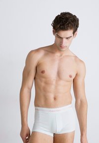 Witte katoenen boxershorts met een roze Calvin Klein tailleband. Nieuwsmoother stof, aansluitend ontwerp en een middelhoge snit. Model staat in een neutrale pose.
