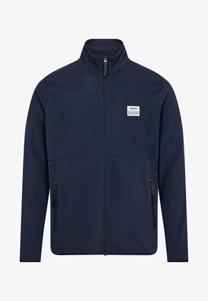 Marinblå fleecejacka med hög krage, hel dragkedja och två sidofickor med dragkedja. Har en vit logotyp på övre vänstra sidan.