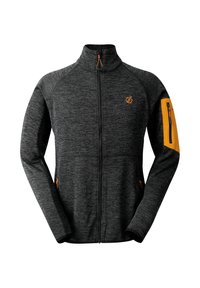 Veste noire zippée avec un tissu texturé gris, accents orange sur la fermeture éclair et la poche. Présente un col montant et des manches ajustées.