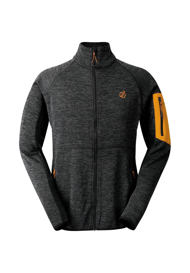 Veste noire zippée avec un tissu texturé gris, accents orange sur la fermeture éclair et la poche. Présente un col montant et des manches ajustées.