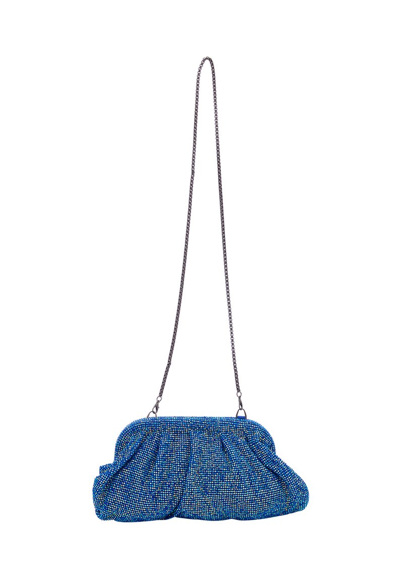 Borsa da sera blu con perline, dal design arricciato, con tracolla a catena e superficie testurizzata dotata di piccole perline luccicanti.