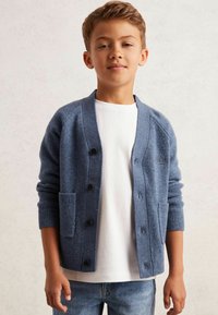 Cardigan blu lavorato a maglia con scollatura a V, chiusura con bottoni, polsini a costine e due tasche frontali, indossato sopra una camicia bianca e jeans blu.