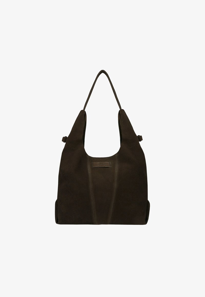 Borsa a tracolla in suede marrone con una singola tracolla larga, caratterizzata da una texture liscia e dettagli di cuciture sottili. Non sono visibili tasche esterne.