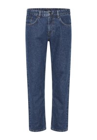 Jeans de mezclilla azul oscuro con un diseño de pierna recta, bolsillos frontales y costuras visibles. Cuenta con un cierre de botón y cremallera.