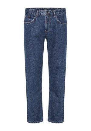 Granatowe dżinsy z prostymi nogawkami, przednimi kieszeniami i widocznymi szwami. Zawierają zapięcie na guzik i zamek błyskawiczny.