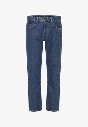 Granatowe dżinsy z prostymi nogawkami, przednimi kieszeniami i widocznymi szwami. Zawierają zapięcie na guzik i zamek błyskawiczny.