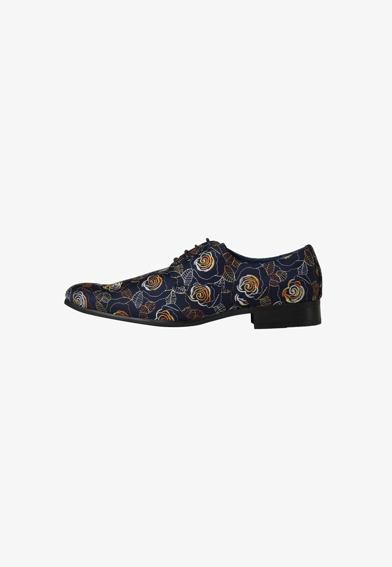 Navy shoe with multicolored rose and leaf pattern, fabric upper, round toe, and low stacked heel. Features lace-up design and smooth texture.
