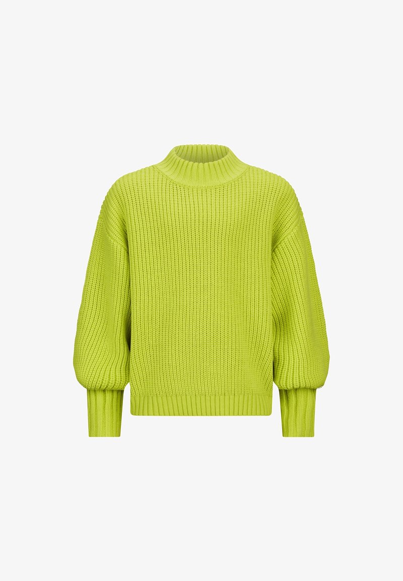 Pull en tricot vert citron avec un col montant côtelé, de longues manches bouffantes, des poignets et un ourlet côtelés.