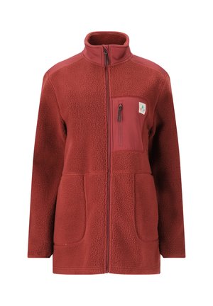 Roodbruine fleece jas met een hoge kraag, lange mouwen, twee voorkruiszakken en een met rits afsluitbare borstzak met een klein logo.