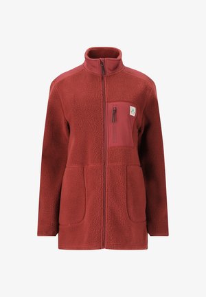 Rustfarvet fleecejakke med høj krave, lange ærmer, to forlommer og en lynlåslomme på brystet med et lille logo.