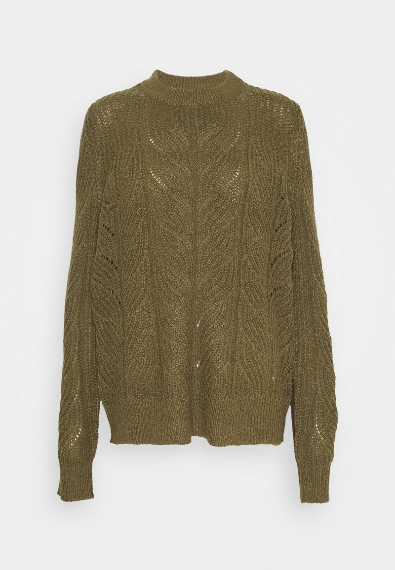 Olive green knitted sweater featuring a cable pattern, ribbed crew neck, and long sleeves with textured detailing. Chunky knit fabric.