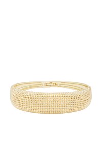 Bracciale in metallo dorato con superficie texturizzata arricchita da piccoli accenti sferici. Forma liscia e curva con chiusura a scatto sicura.