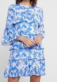 Vestido con estampado floral y volantes en capas, que presenta una combinación de colores azul y blanco, manga larga y escote redondo.