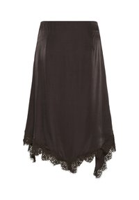 Jupe midi noire en satin avec ourlet asymétrique et bordure en dentelle noire le long du bord, présentée sur fond blanc.