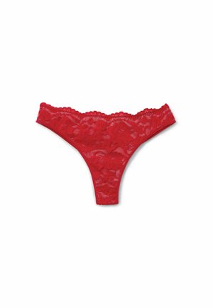 Rote Spitzen-Tanga mit floralem Muster, gewellten Kanten und transparenter Textur. Bietet minimalen Schutz und ein bequemes Tragdesign.