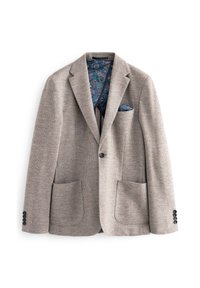 Hellbrauner Blazer mit einem Hahnentrittmuster, zwei vorderen Taschen und einem gemusterten blauen Innenfutter. Verfügt über schwarze Knöpfe an den Ärmel und der Brusttasche.