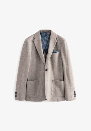 Lichtbruine blazer met een houndstoothpatroon, twee voorzakken en een gestreepte blauwe binnenvoering. Heeft zwarte knopen op de mouwen en het borstzakje.