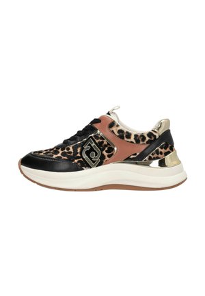 Sneaker chunky con stampa leopardo, pannelli neri e marroni, dettagli metallici dorati, suola bianca spessa e lacci neri.