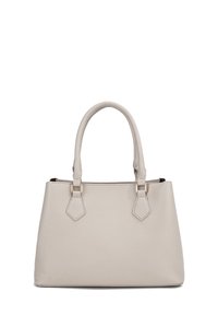 Borsa a mano in pelle grigia con doppie maniglie superiori, dettagli esagonali e forma strutturata. Superficie testurizzata con discreti accessori in oro.