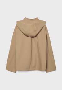 Beige hættetrøje med lange ærmer, vist bagfra, med enkle syninger og en løs pasform.