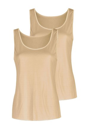 Zwei beige ärmellose Tanktops mit rundem Ausschnitt, von vorne gezeigt und leicht überlappend.