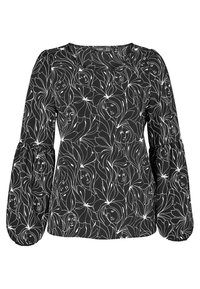Blusa nera con motivi astratti floreali e facciali bianchi, maniche lunghe a sbuffo e scollo rotondo. Realizzata in tessuto leggero.