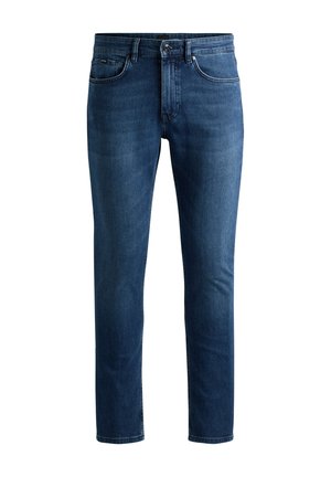 Dark blue denim jeans with a straight fit, five pockets, and a sturdy waistband featuring a button closure and zip fly.