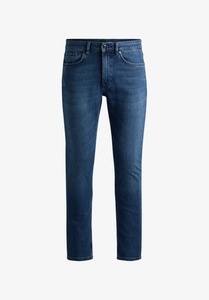 Mørkeblå denimjeans med lige pasform, fem lommer og en robust talje med knaplukning og lynlås.