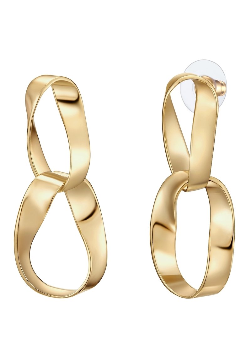 Guldpläterade hängande örhängen med en vriden design. Slät textur och blank finish. Klar silikonbakgrund för säker användning.